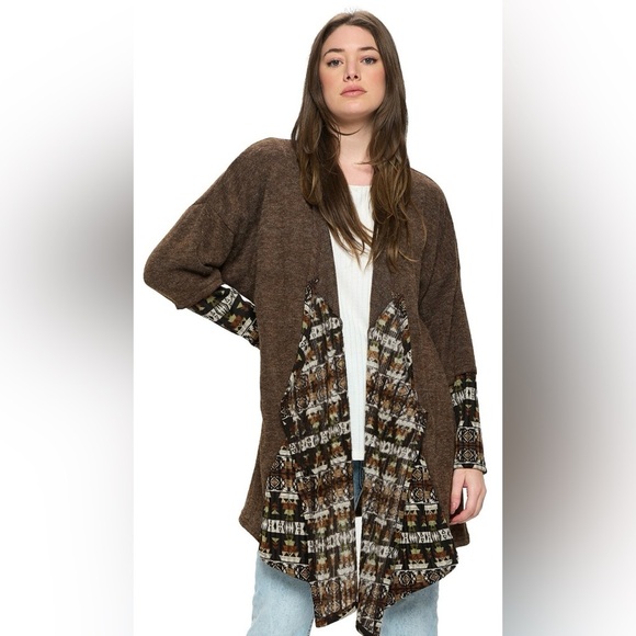 Yak N Yeti Sweaters - Yak & Yeti Brown Knit Tribal Draped Open Front Cardigan Size Small/Medium
